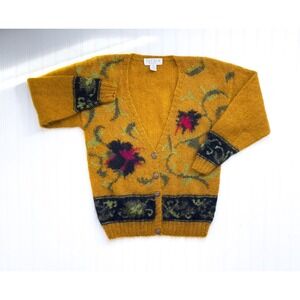 vtg‎ Michelle Stuart mustard yellow floral mohair cardigan sweater